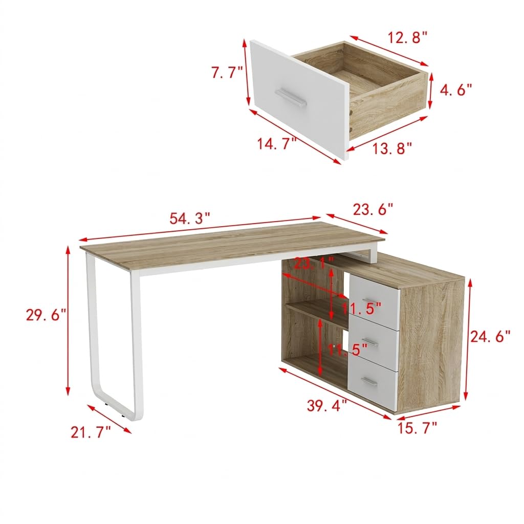 54 Inch Walnut and White L-Shaped Corner Desk with 3 Drawers and 2 Shelves K6114
