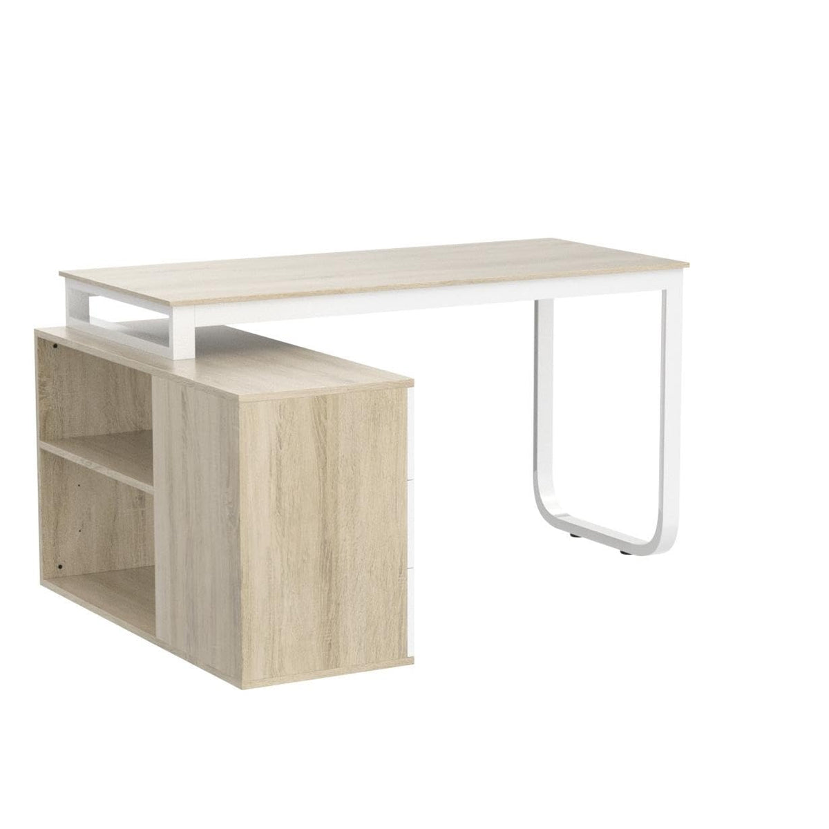 54 Inch Walnut and White L-Shaped Corner Desk with 3 Drawers and 2 Shelves K6114