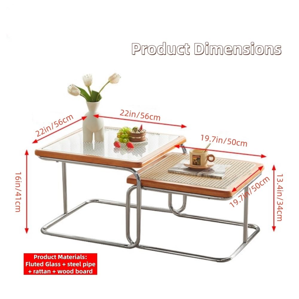 Set of 2 Square Nesting Coffee Tables Rattan Tempered Glass Brown D705559