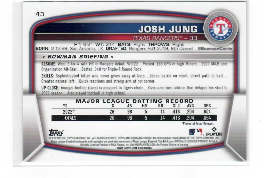 2023 Bowman Chrome Mega Box Mojo Refractor Blue #43 Josh Jung RC - Rookie Card /150 Texas Rangers Baseball NM-MT M7524