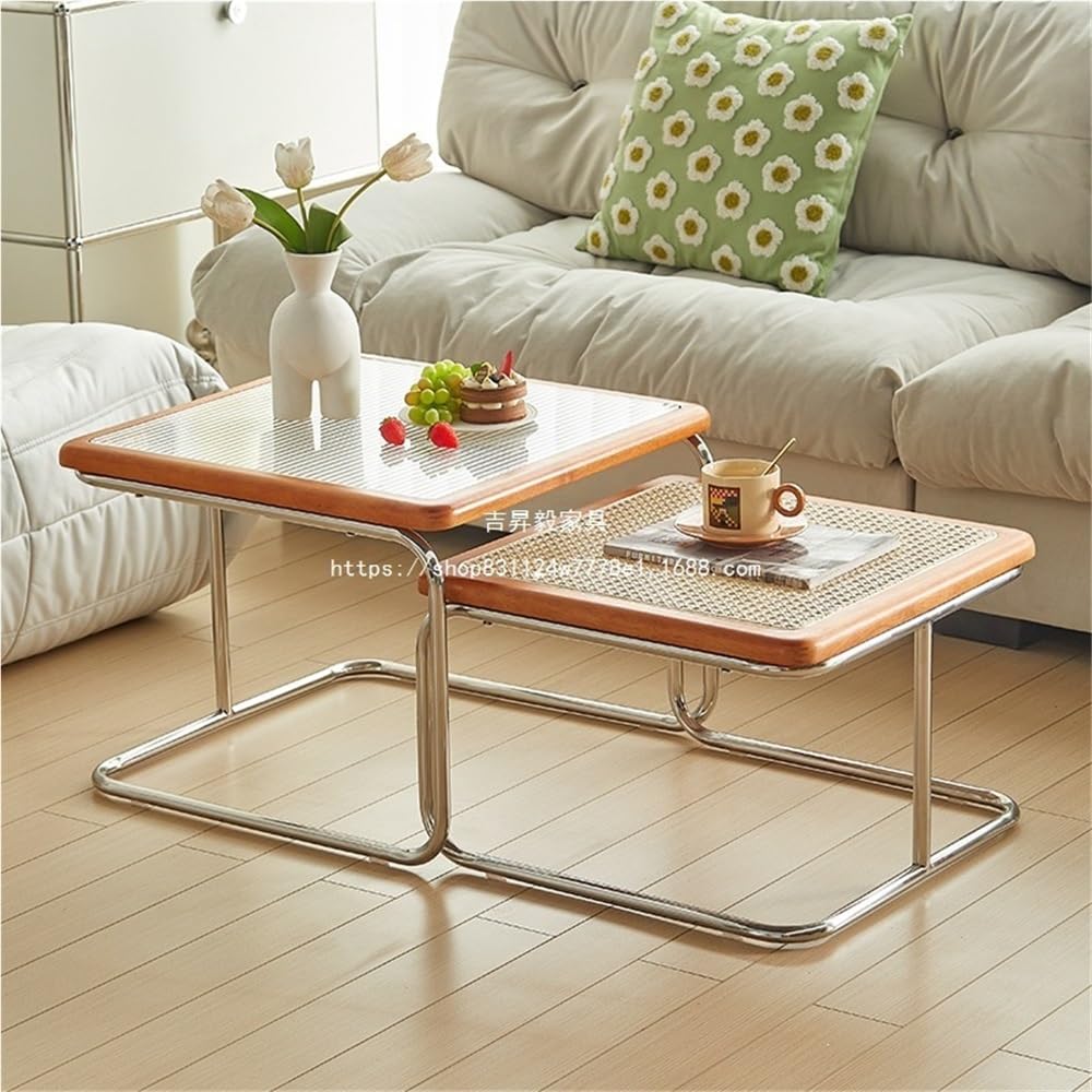 Set of 2 Square Nesting Coffee Tables Rattan Tempered Glass Brown D705559