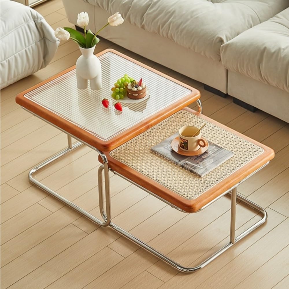 Set of 2 Square Nesting Coffee Tables Rattan Tempered Glass Brown D705559