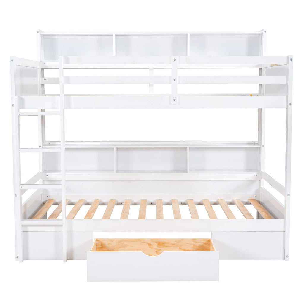 Twin Over Twin Wooden Bunk Bed with Shelves and Storage Drawer G840