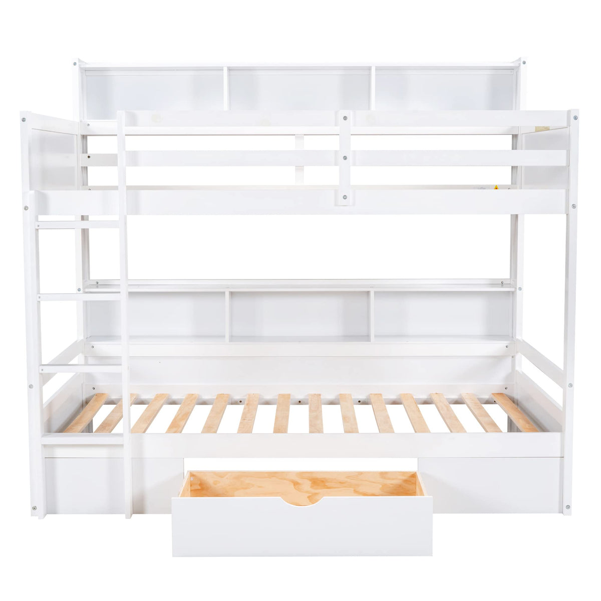 Twin Over Twin Wooden Bunk Bed with Shelves and Storage Drawer G840