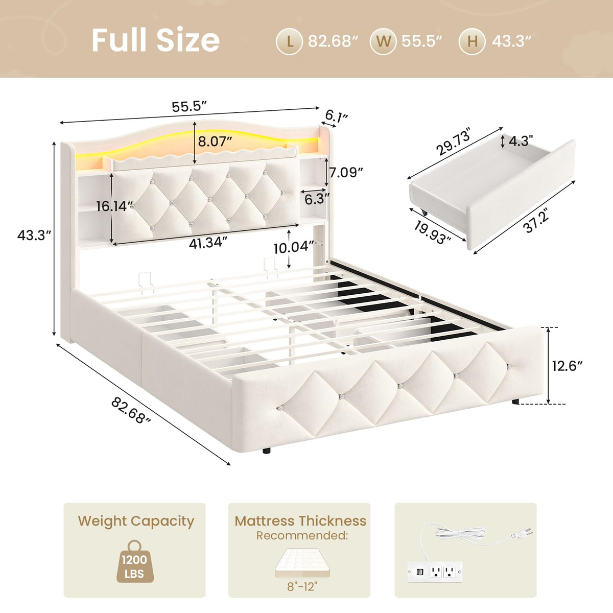 Full Size Velvet Upholstered Platform Bed with 4 Storage Drawers J282822