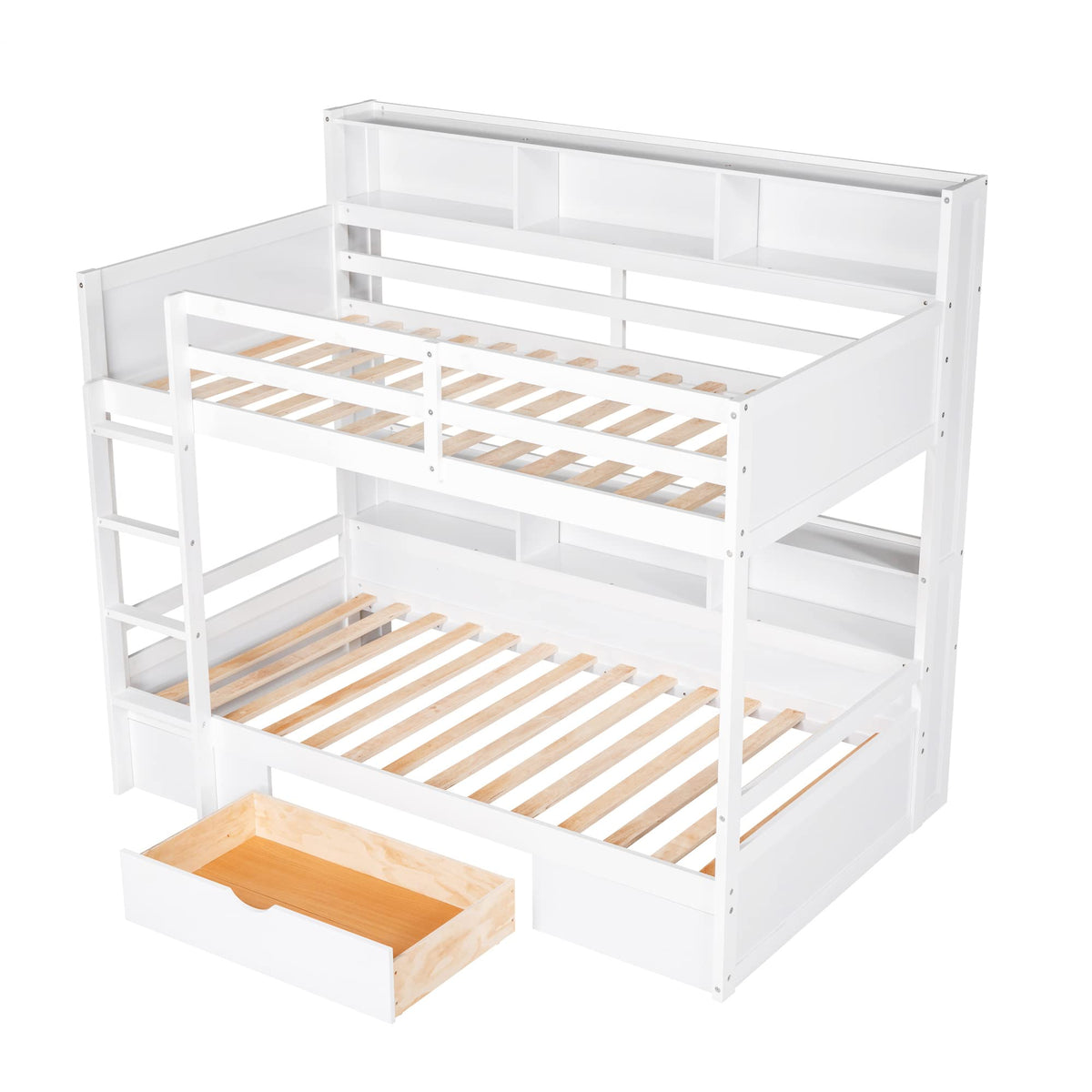 Twin Over Twin Wooden Bunk Bed with Shelves and Storage Drawer G840