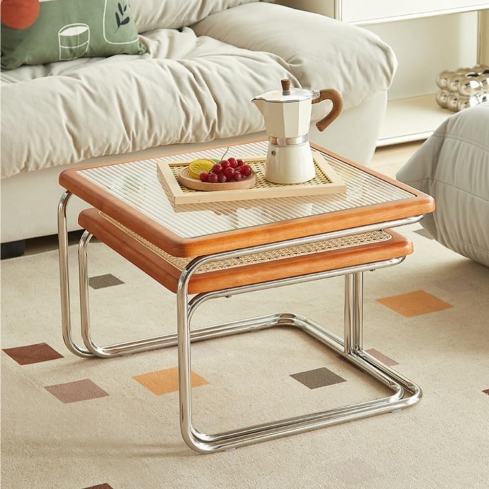 Set of 2 Square Nesting Coffee Tables Rattan Tempered Glass Brown D705559