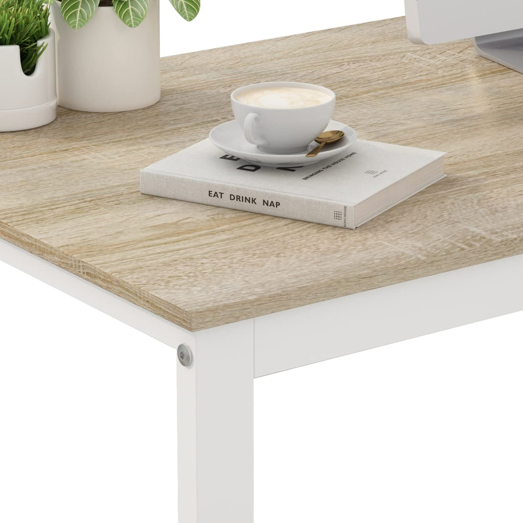 54 Inch Walnut and White L-Shaped Corner Desk with 3 Drawers and 2 Shelves K6114