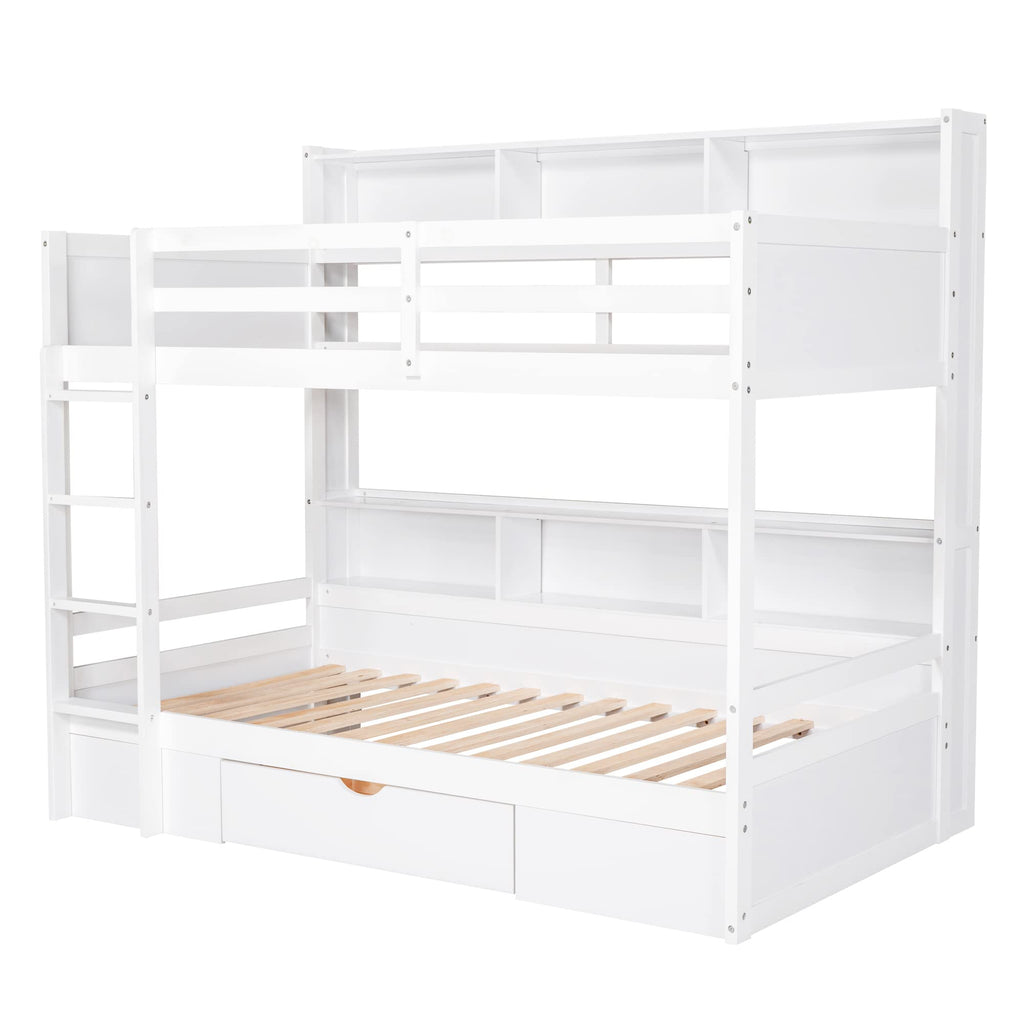 Twin Over Twin Wooden Bunk Bed with Shelves and Storage Drawer G840