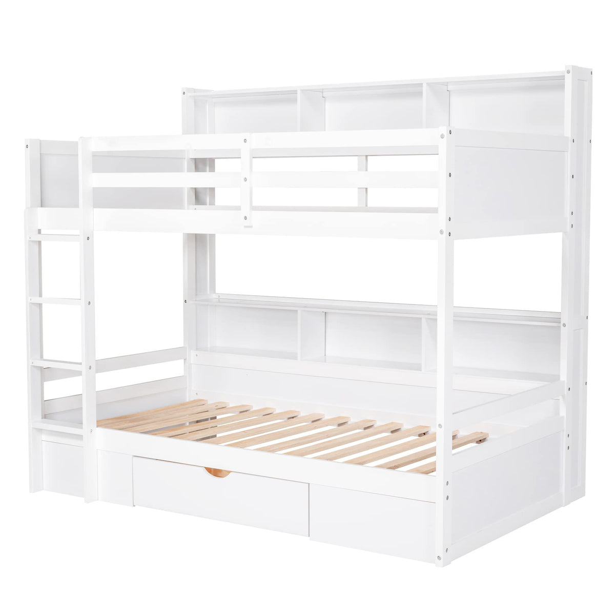 Twin Over Twin Wooden Bunk Bed with Shelves and Storage Drawer G840