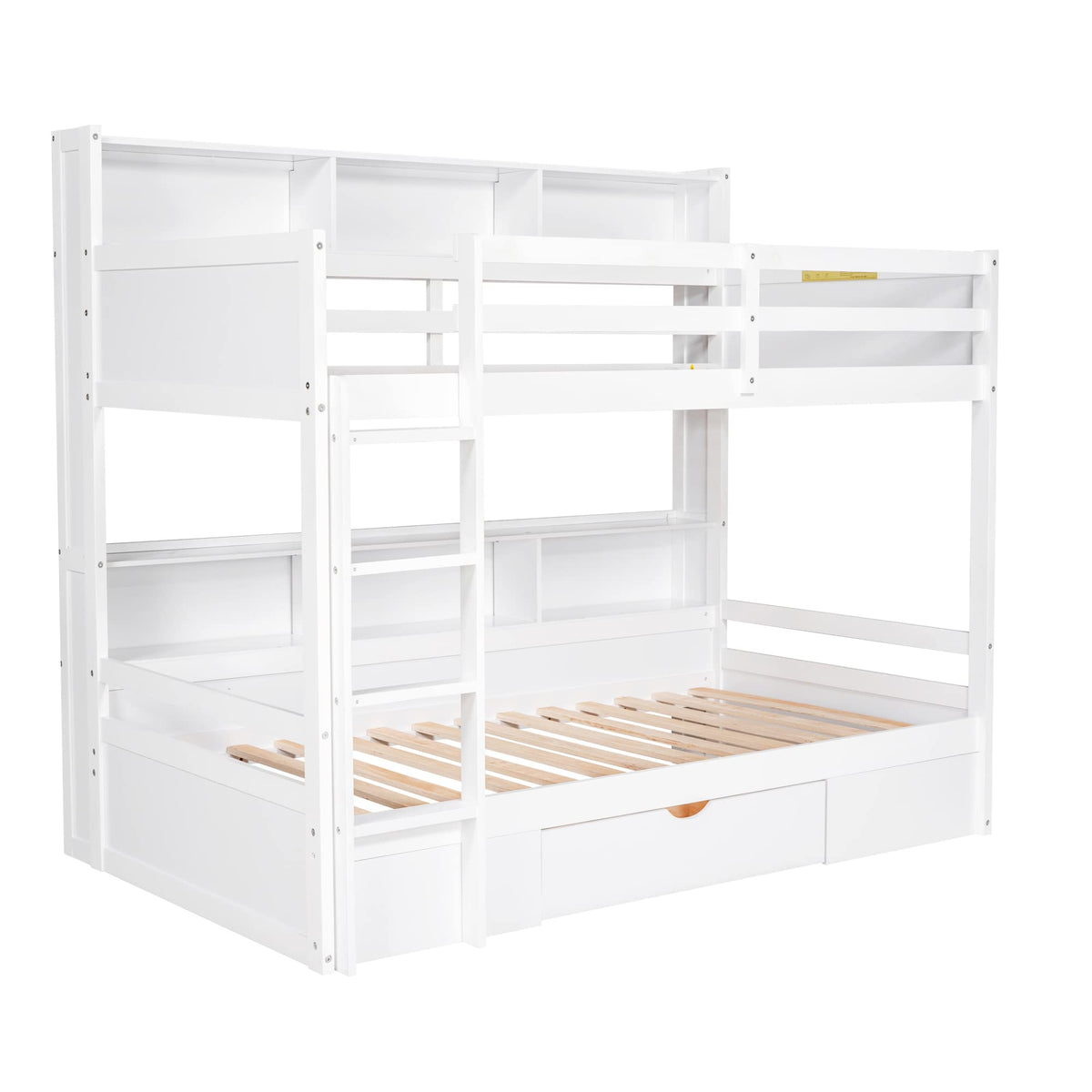 Twin Over Twin Wooden Bunk Bed with Shelves and Storage Drawer G840