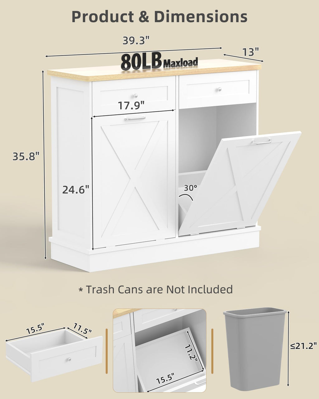 2x10 Gallon Tilt Out Trash Cabinet with Hideaway Drawers, White H198188
