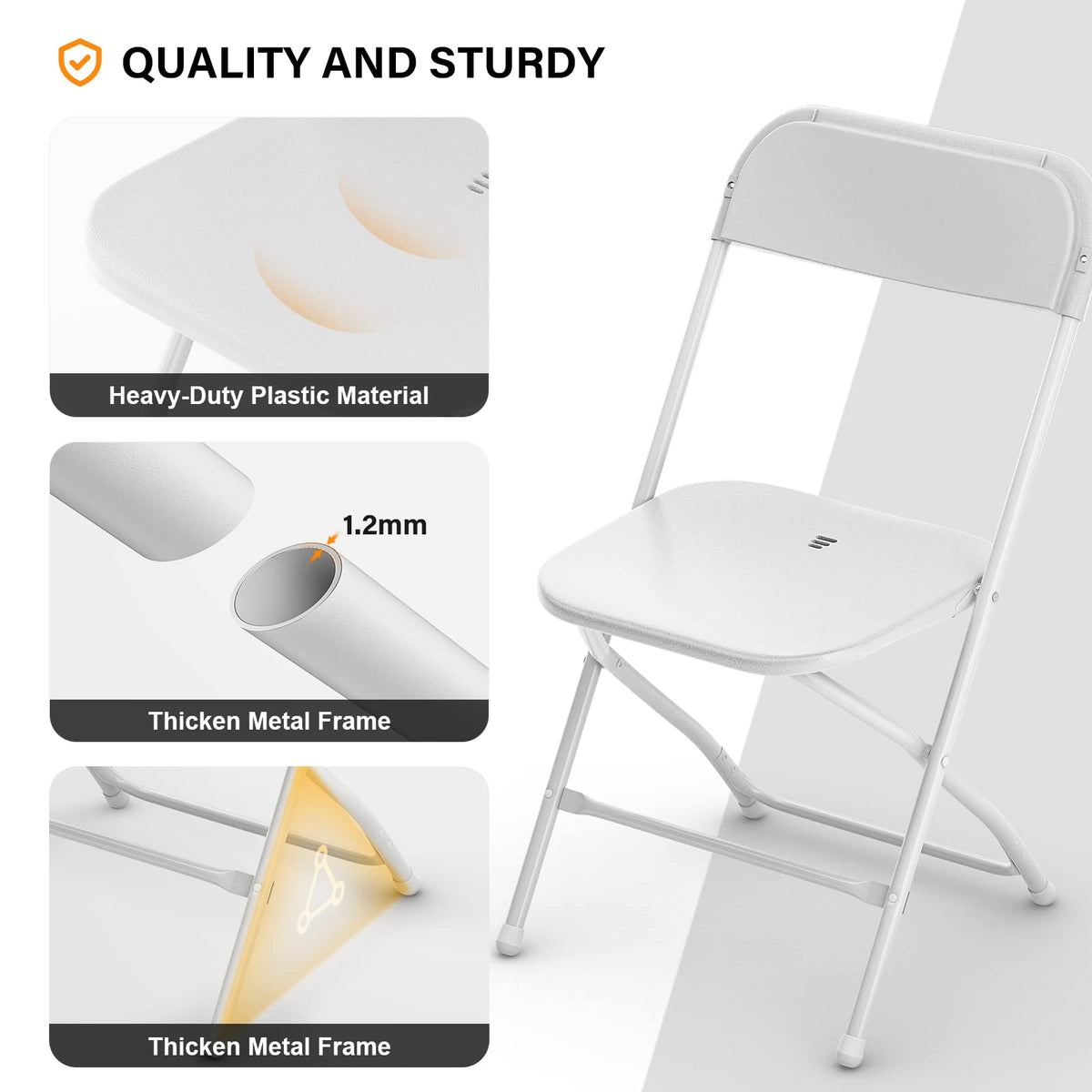 White Plastic Folding Chairs, Set of 2, Steel Frame L7394