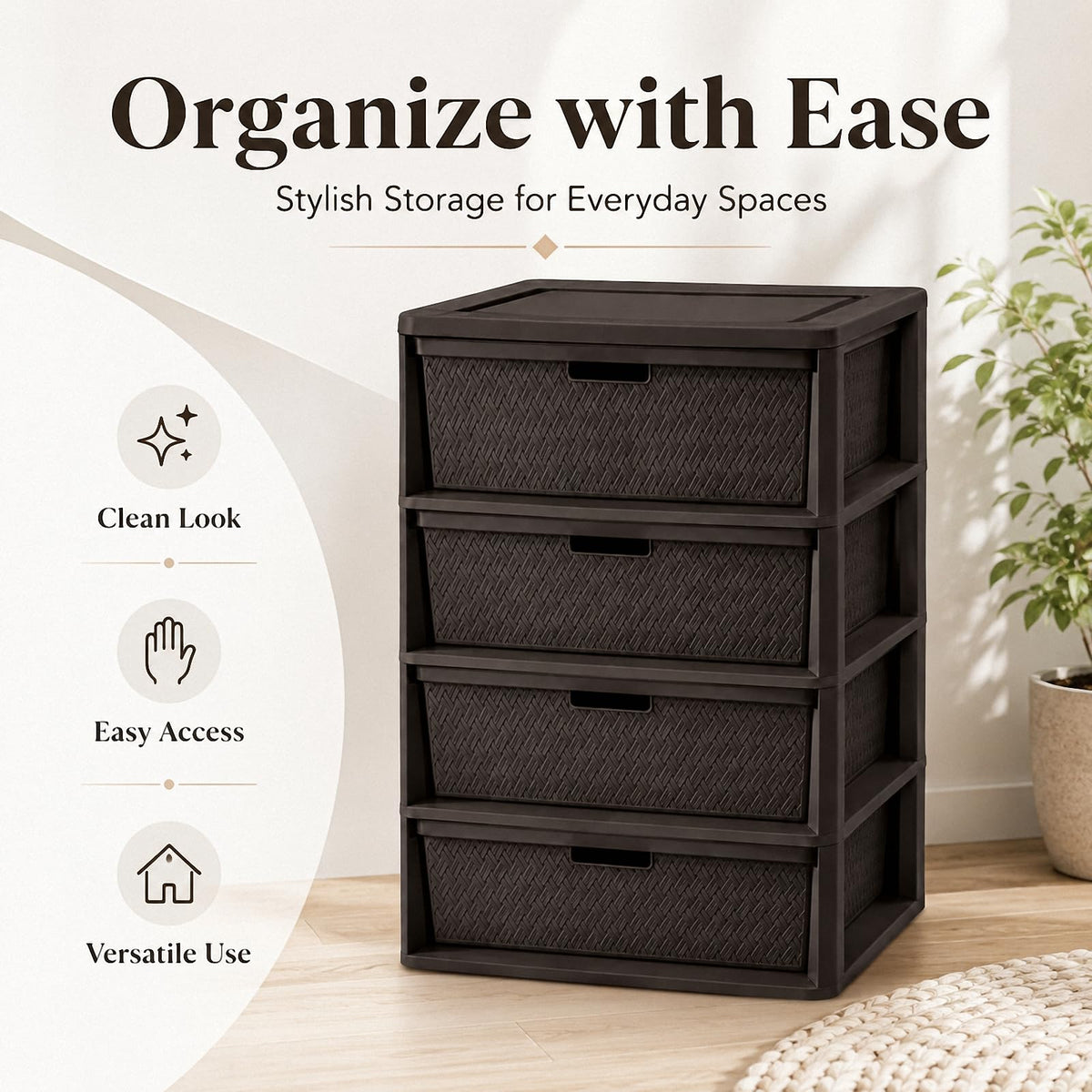 4 Drawer Plastic Storage Tower with Brown Weave Bins A999353