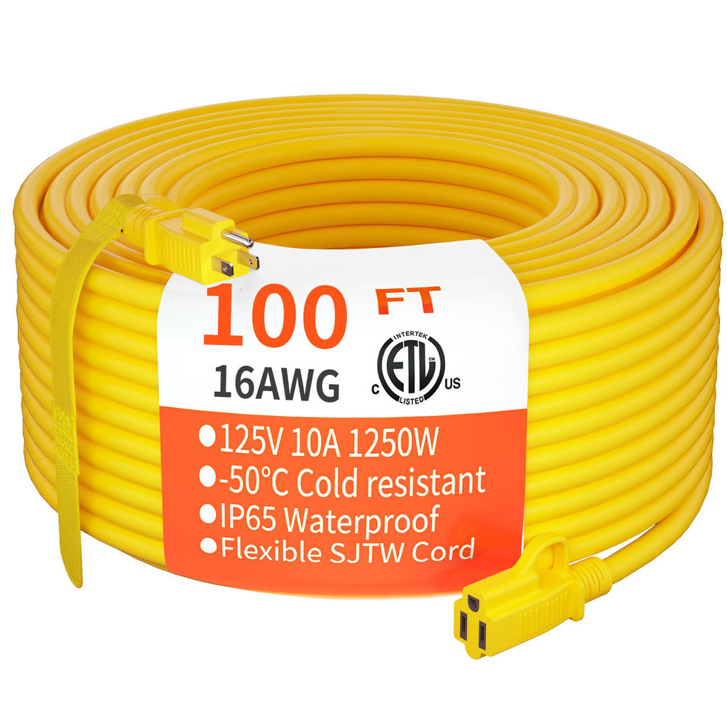 Yellow Indoor Outdoor Extension Cord 100 FT 16/3 Gauge J899