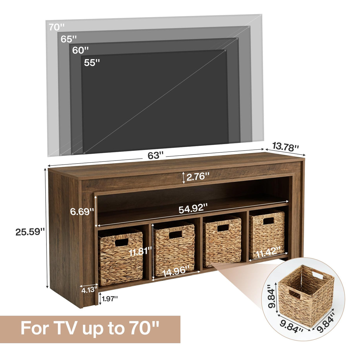 63" Wooden TV Stand with 4 Woven Baskets M39061