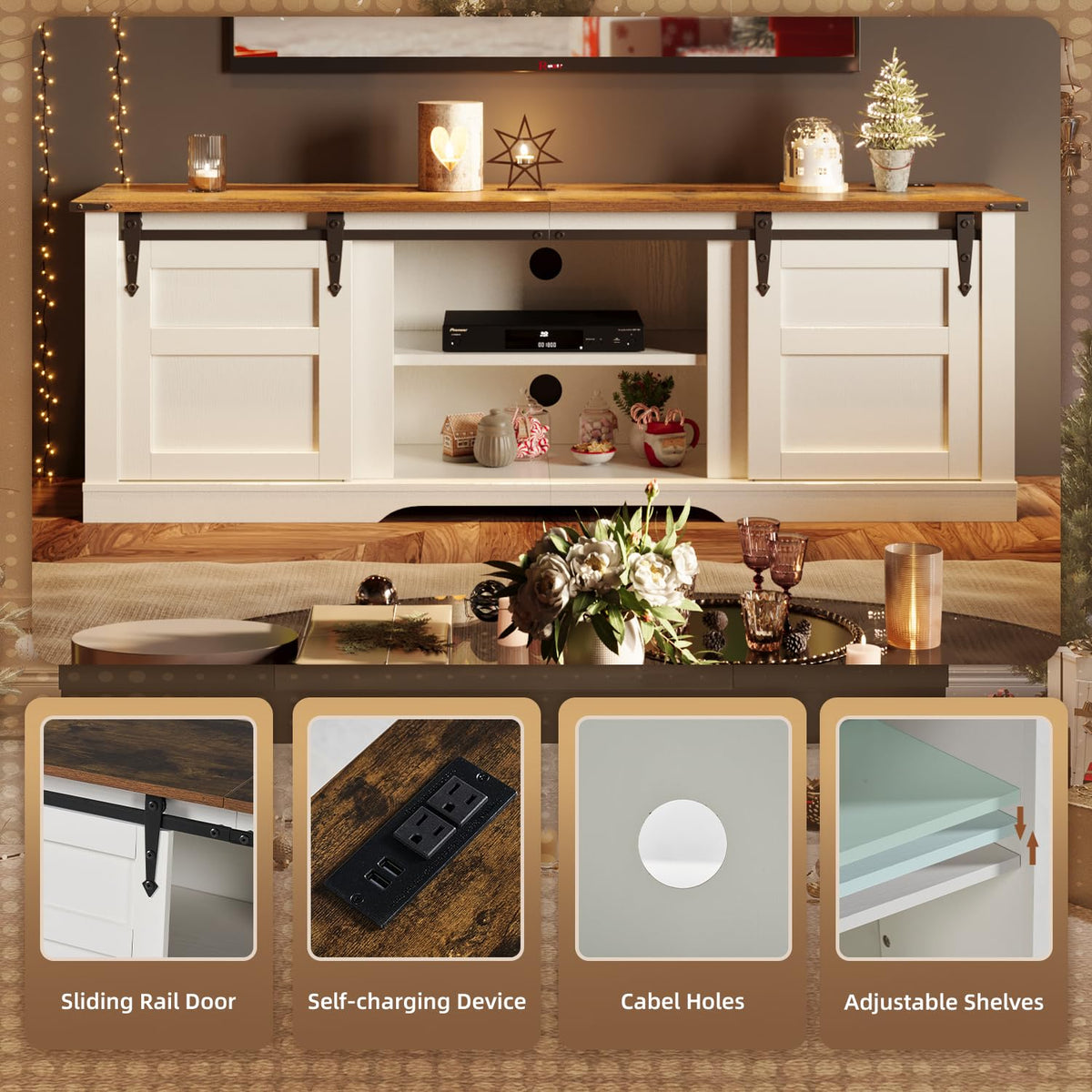 58" Farmhouse TV Stand with Sliding Barn Doors and Storage Cabinets V26811