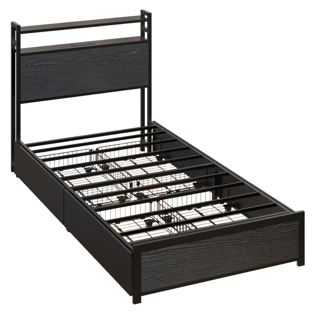 Black Twin Size Metal Bed Frame with 4 Drawers and Storage Headboard O45406