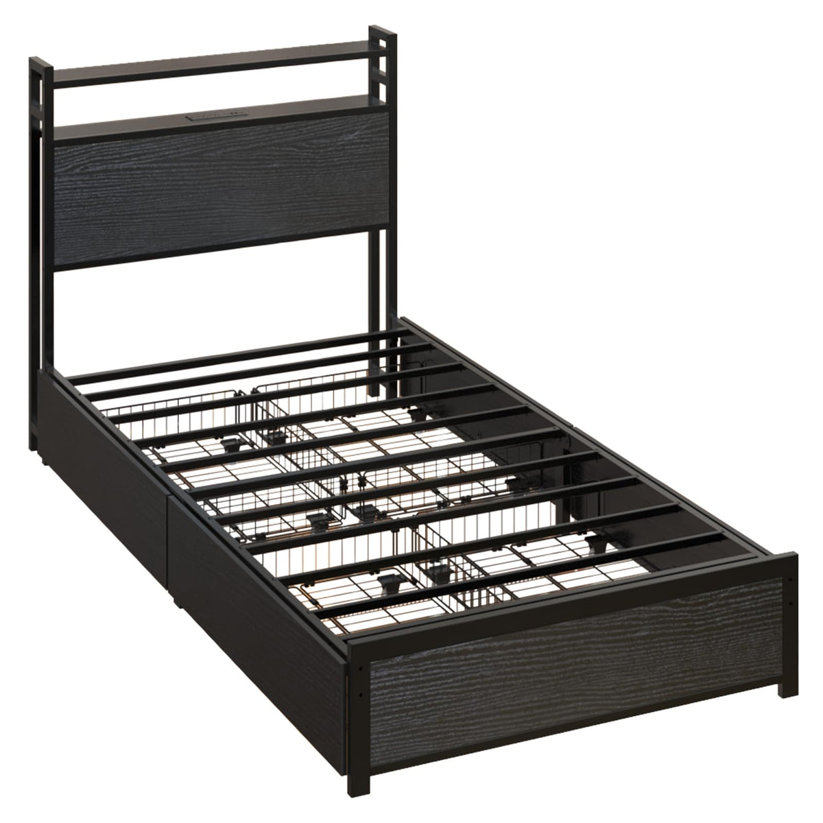 Black Twin Size Metal Bed Frame with 4 Drawers and Storage Headboard O45406
