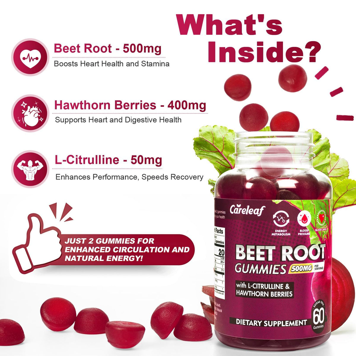 Sugar-Free Vegan Beet Root Gummies with L-Citrulline & Hawthorn Extract, 60 Count X241499