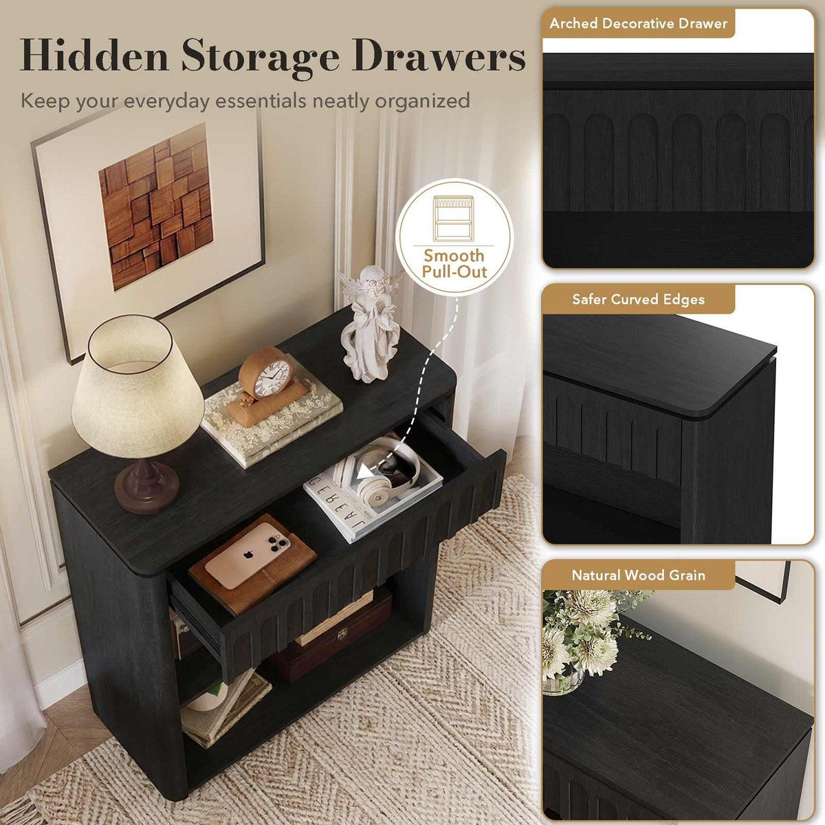 Black Wood Grain Console Table and 3 Tier Bookshelf Set B6128