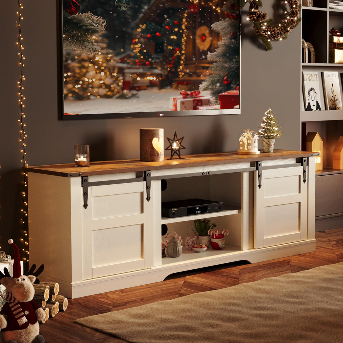 58" Farmhouse TV Stand with Sliding Barn Doors and Storage Cabinets V26811