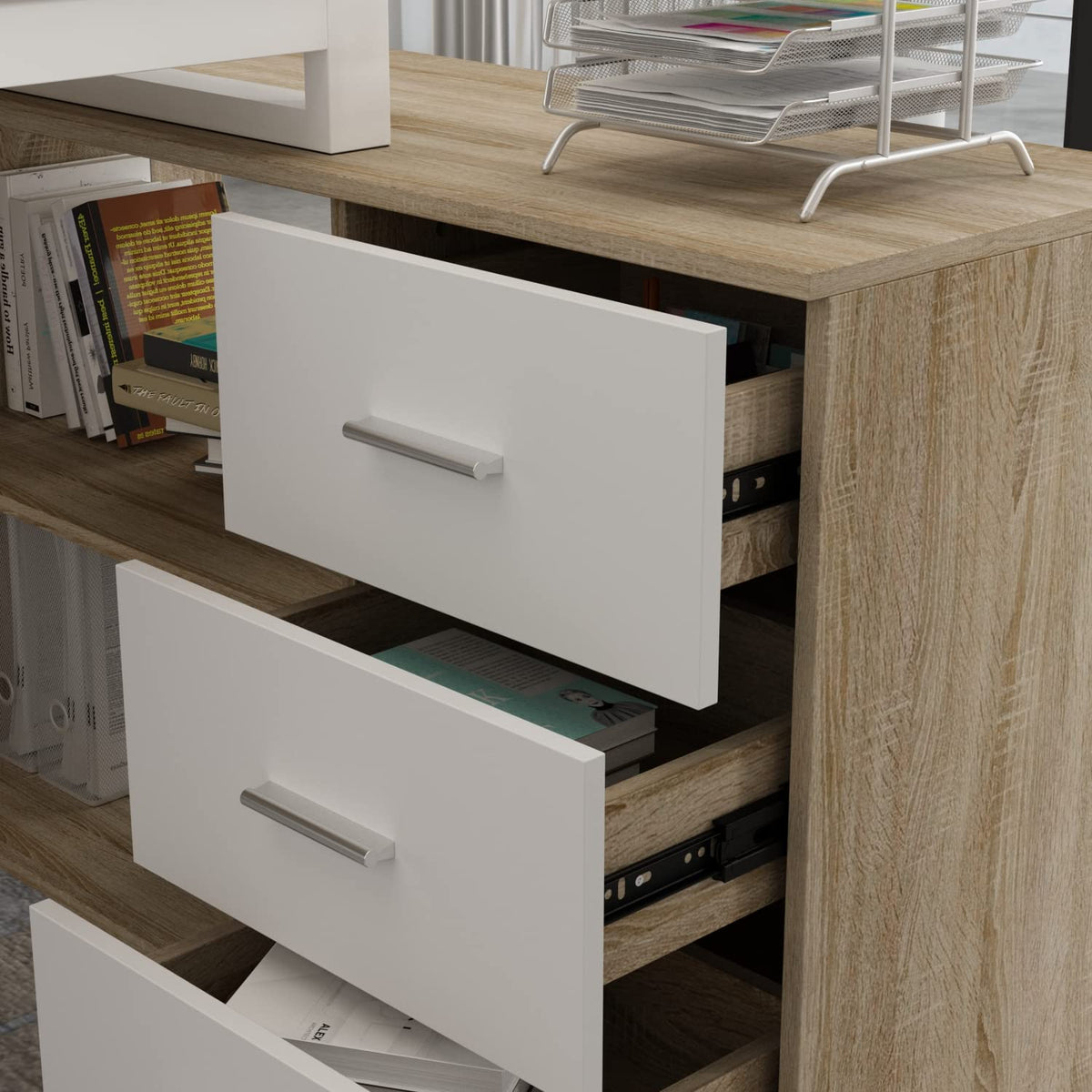 54 Inch Walnut and White L-Shaped Corner Desk with 3 Drawers and 2 Shelves K6114