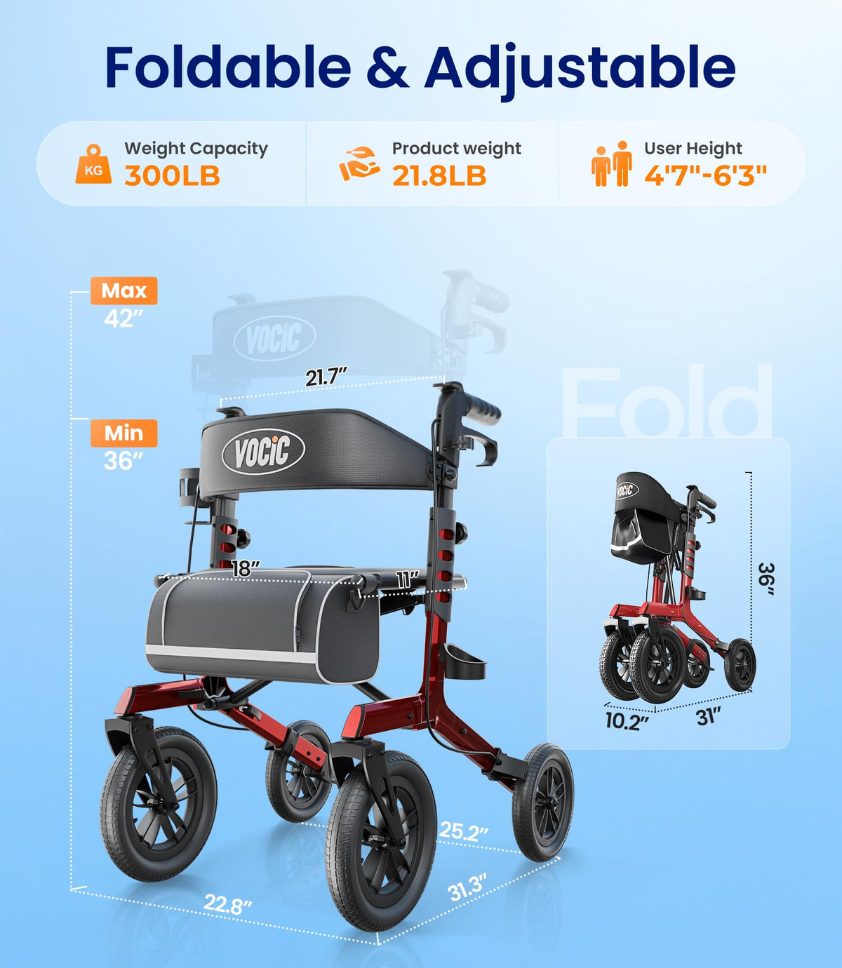 Walkers for Seniors with Seat Outdoor Rollator 12'' All Terrain P771