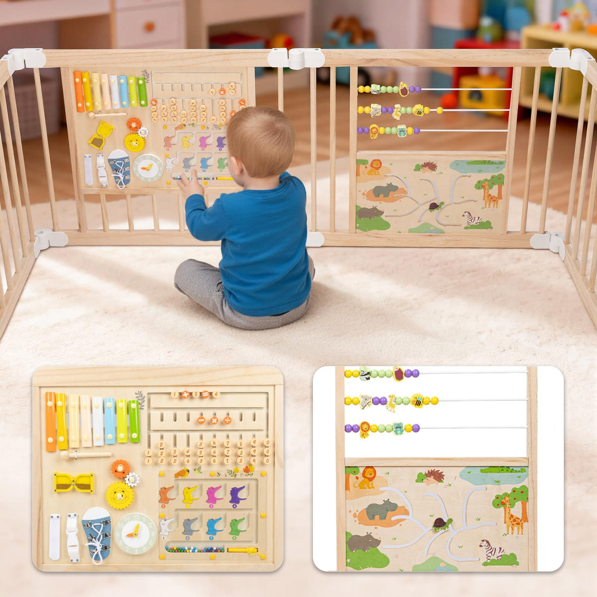 Foldable Wooden Baby Playpen with Toy Set P756236