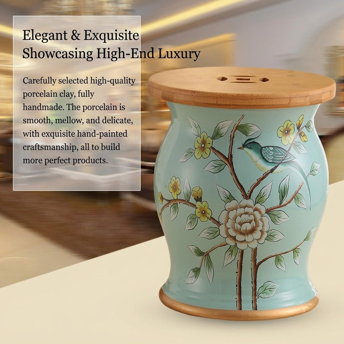 Ceramic Garden Drum Stool with Wood Top X358