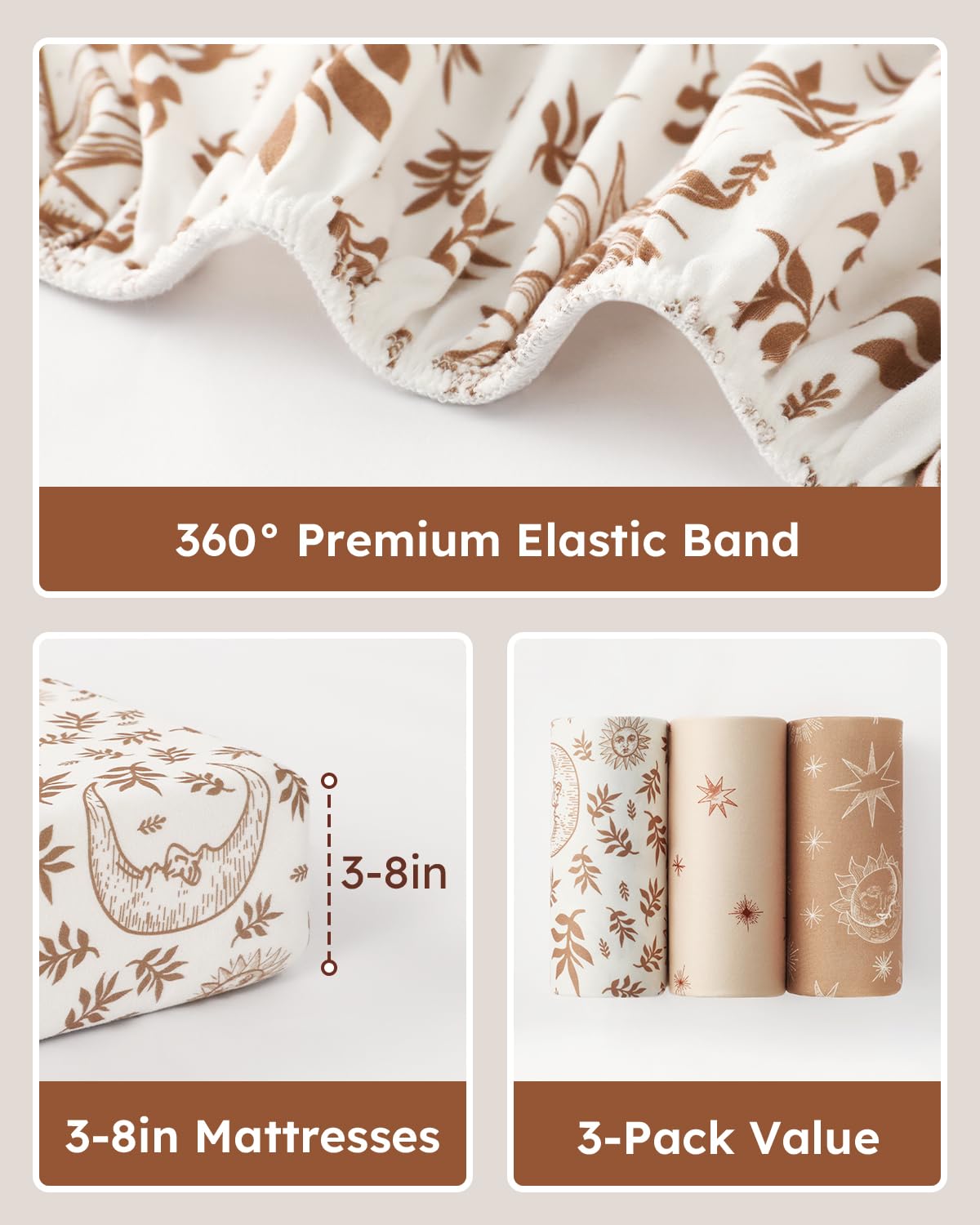 28x52x8in Fitted Crib Sheet 3 Pack Microfiber White Brown E502