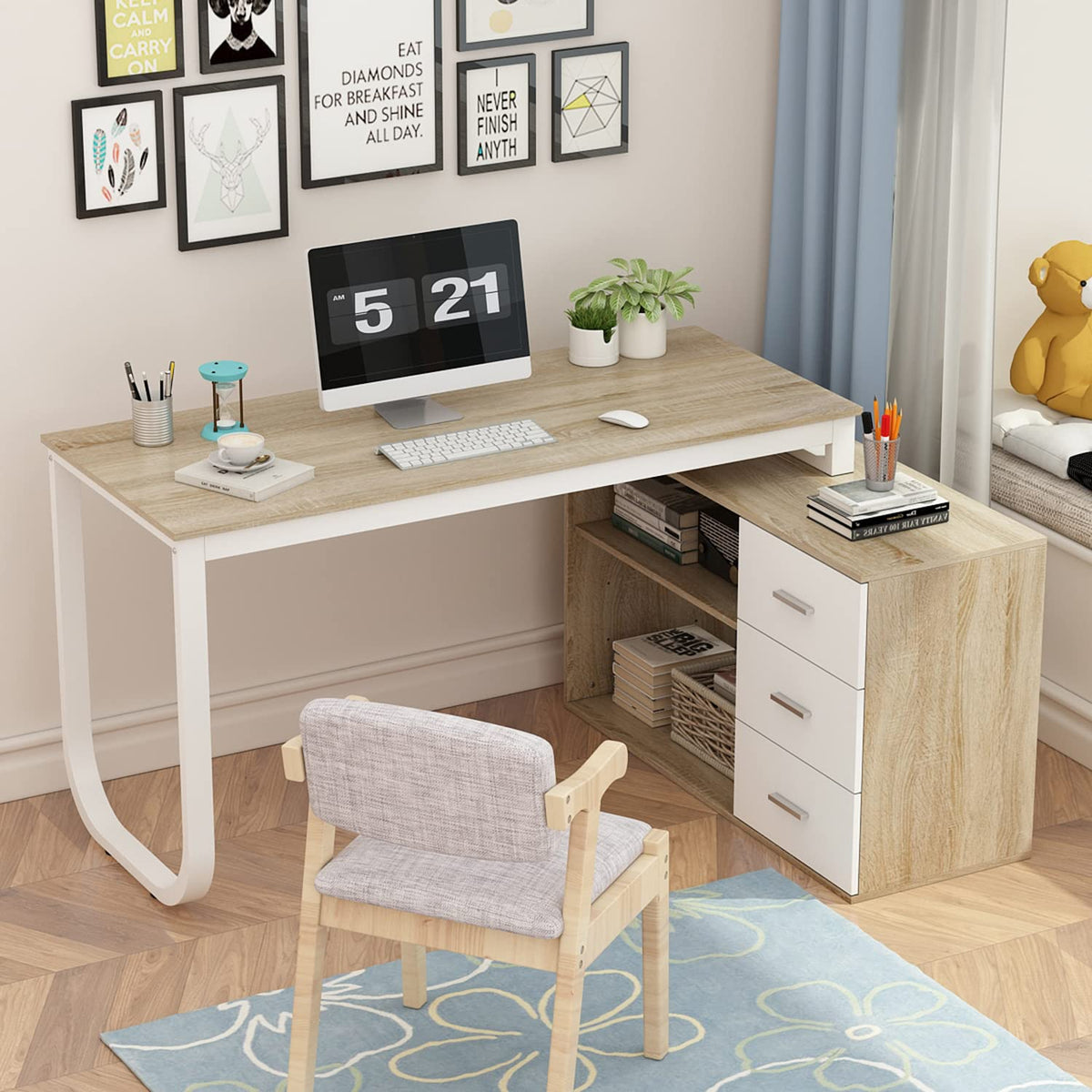 54 Inch Walnut and White L-Shaped Corner Desk with 3 Drawers and 2 Shelves K6114