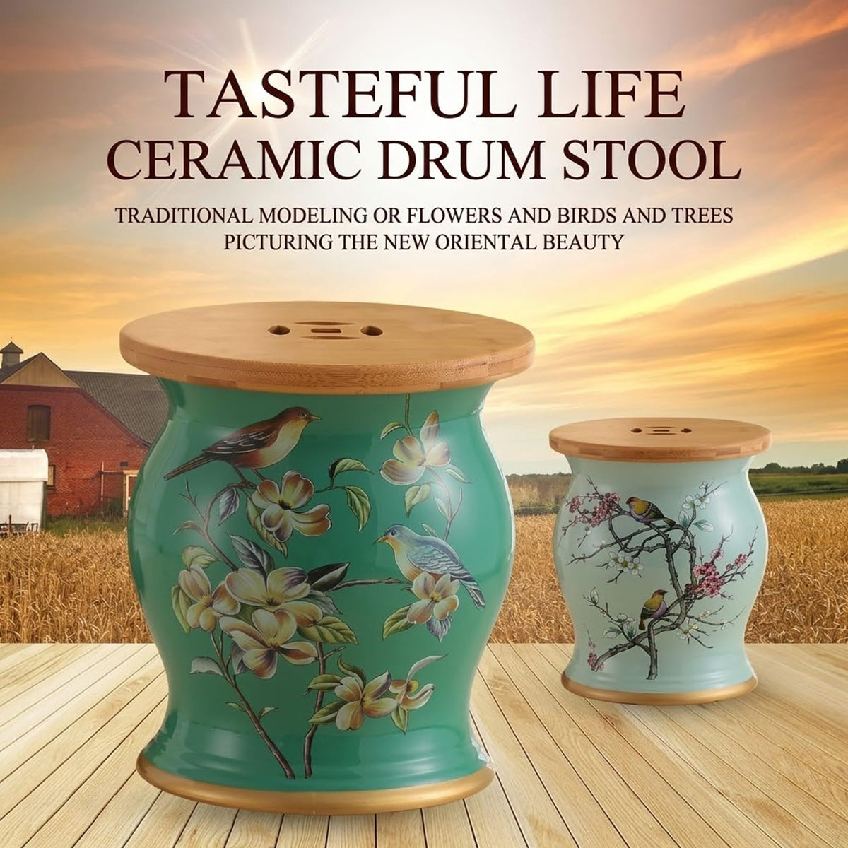 Ceramic Garden Drum Stool with Wood Top X358