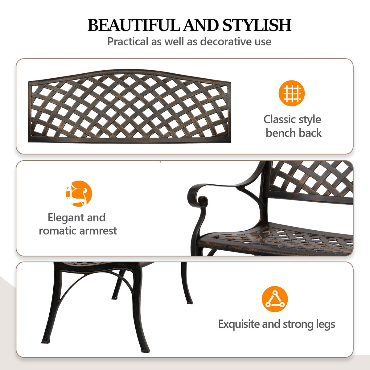 40.5" Anti-Rust Cast Aluminum Patio Garden Bench D820269
