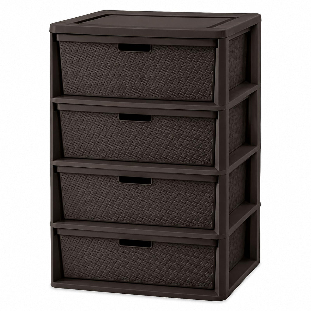 4 Drawer Plastic Storage Tower with Brown Weave Bins A999353