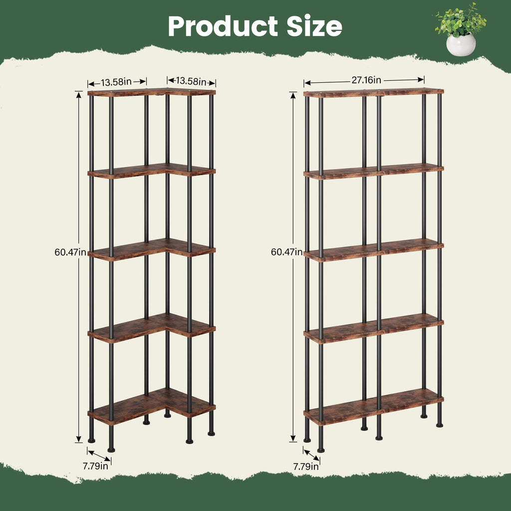 L-Shaped 5-Tier Rustic Brown Bookshelf J6605