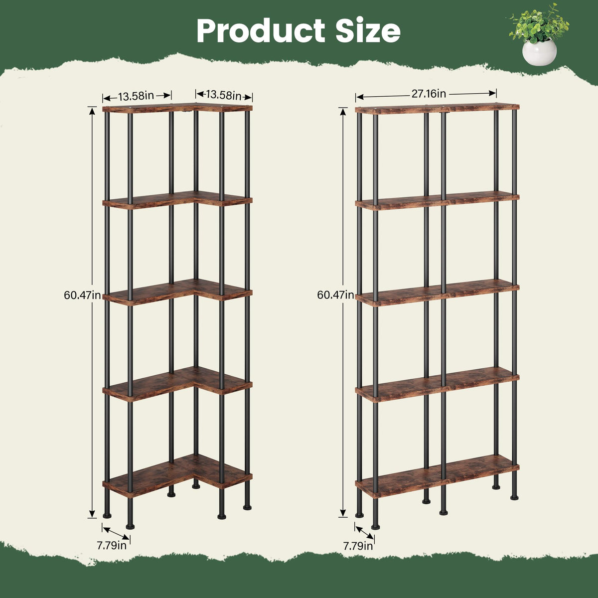 L-Shaped 5-Tier Rustic Brown Bookshelf J6605