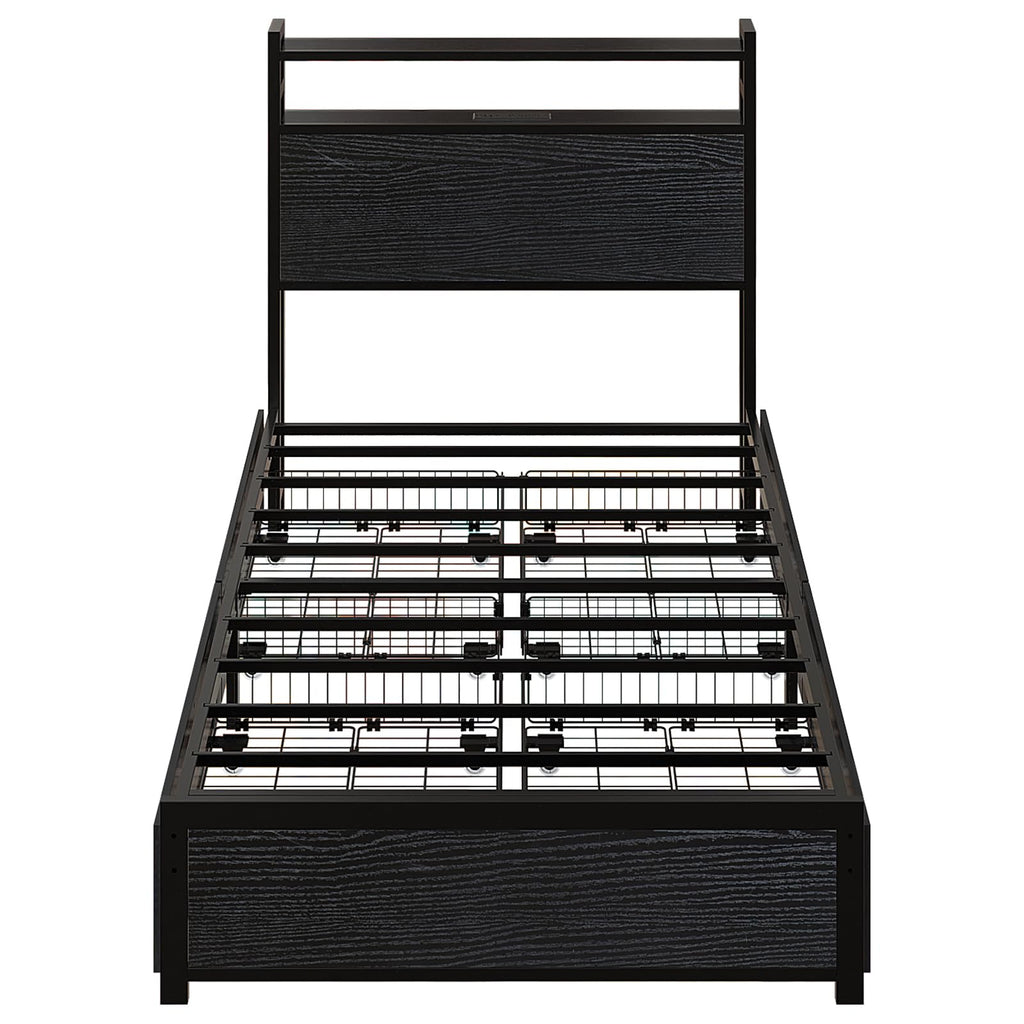 Black Twin Size Metal Bed Frame with 4 Drawers and Storage Headboard O45406