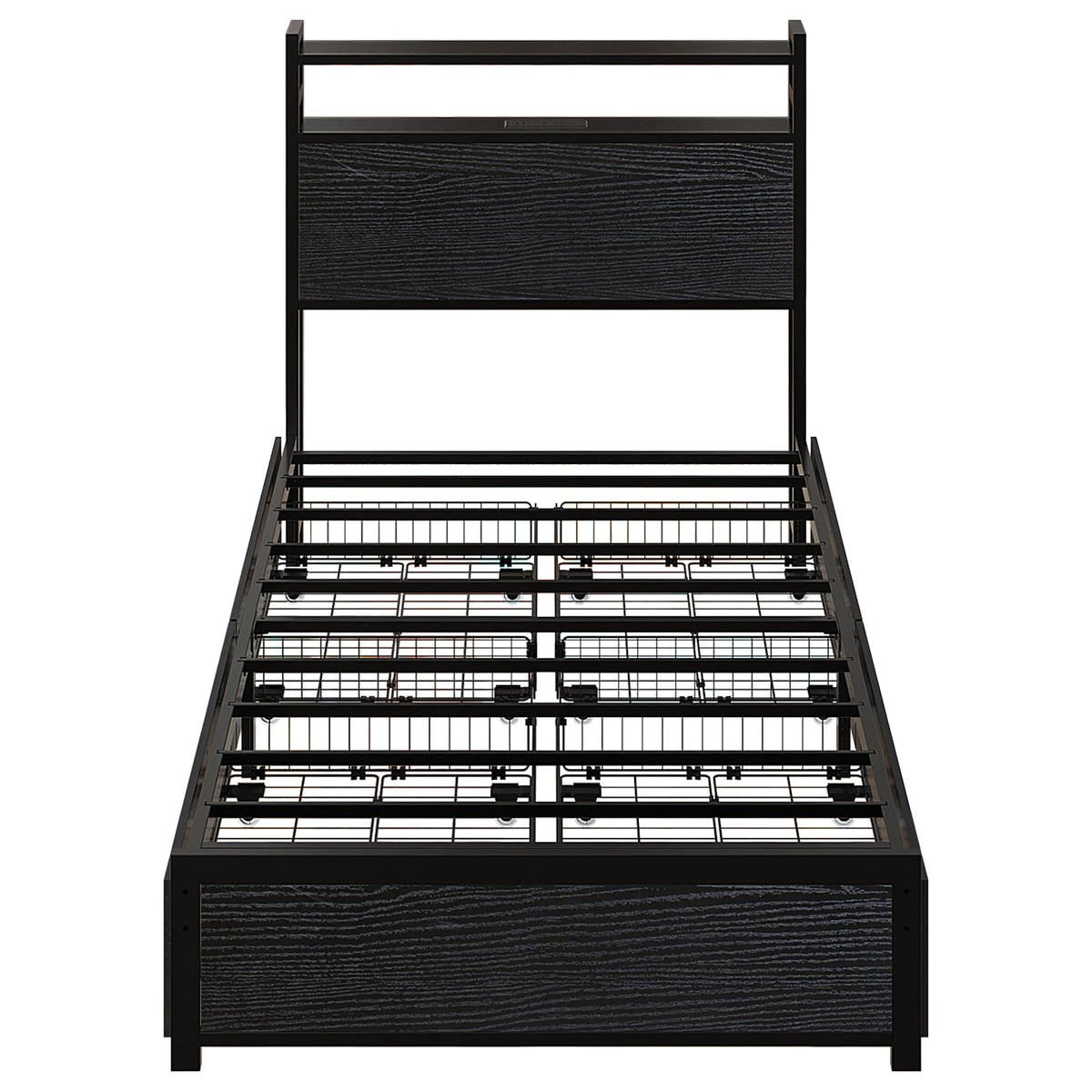 Black Twin Size Metal Bed Frame with 4 Drawers and Storage Headboard O45406