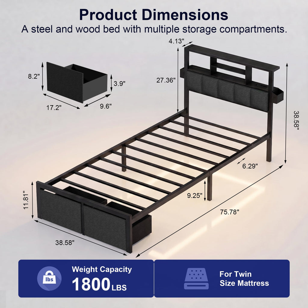 Twin Bed Frame with LED Lights, Storage Drawers and Charging Station S5178