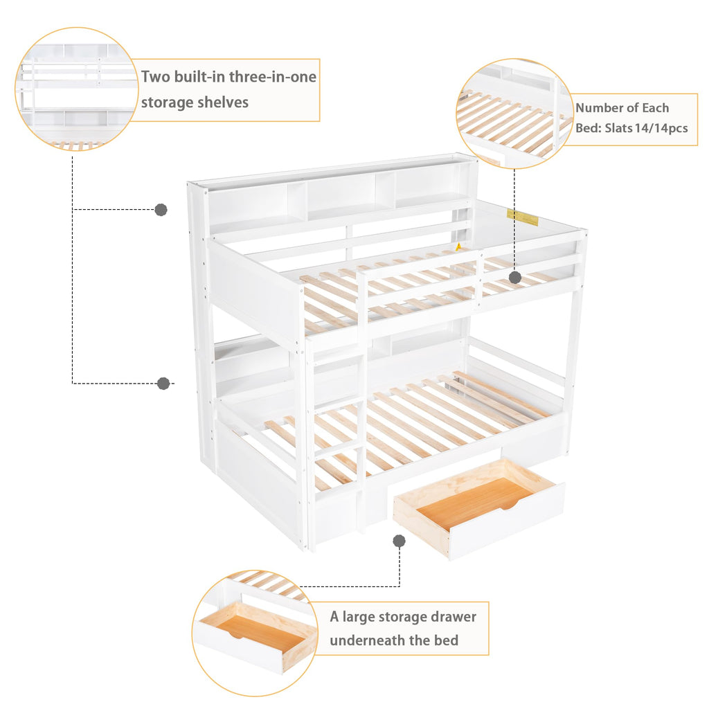 Twin Over Twin Wooden Bunk Bed with Shelves and Storage Drawer G840