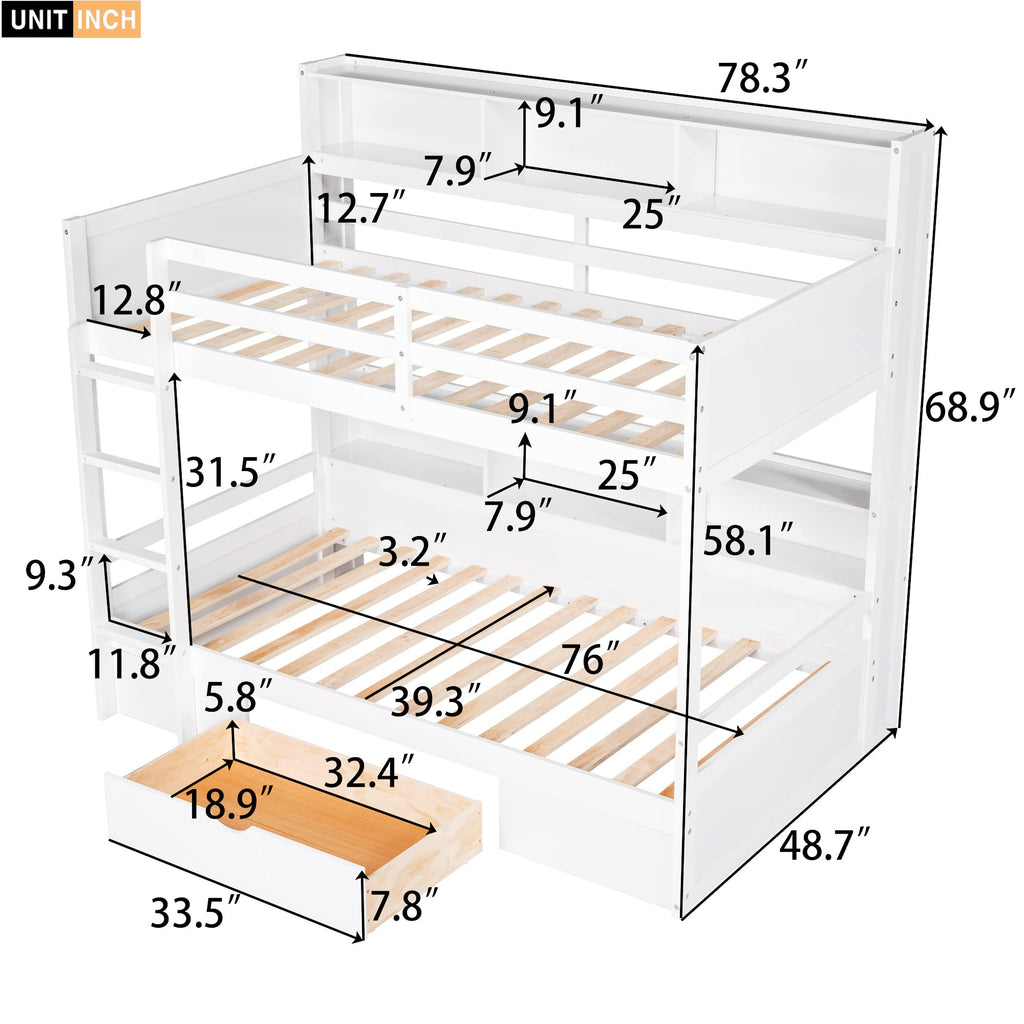 Twin Over Twin Wooden Bunk Bed with Shelves and Storage Drawer G840