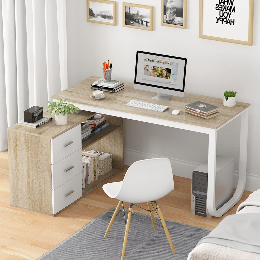 54 Inch Walnut and White L-Shaped Corner Desk with 3 Drawers and 2 Shelves K6114
