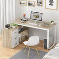 54 Inch Walnut and White L-Shaped Corner Desk with 3 Drawers and 2 Shelves K6114