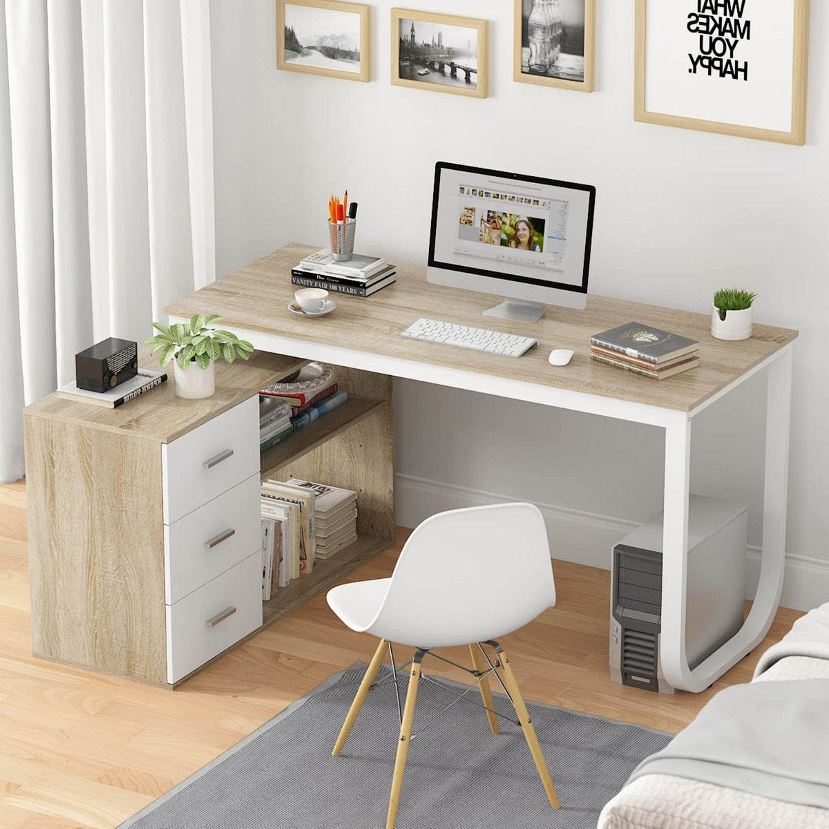 54 Inch Walnut and White L-Shaped Corner Desk with 3 Drawers and 2 Shelves K6114