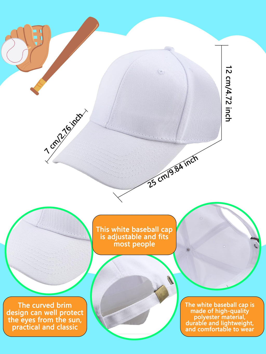 30 Pcs White Cotton Kids Baseball Cap E27377