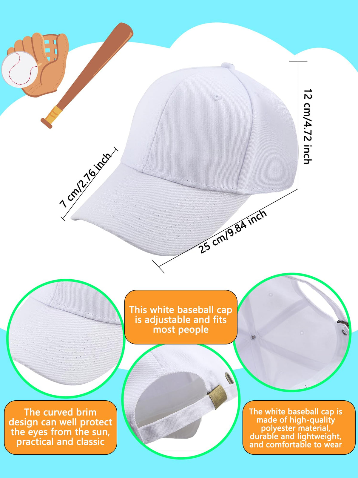 30 Pcs White Cotton Kids Baseball Cap E27377