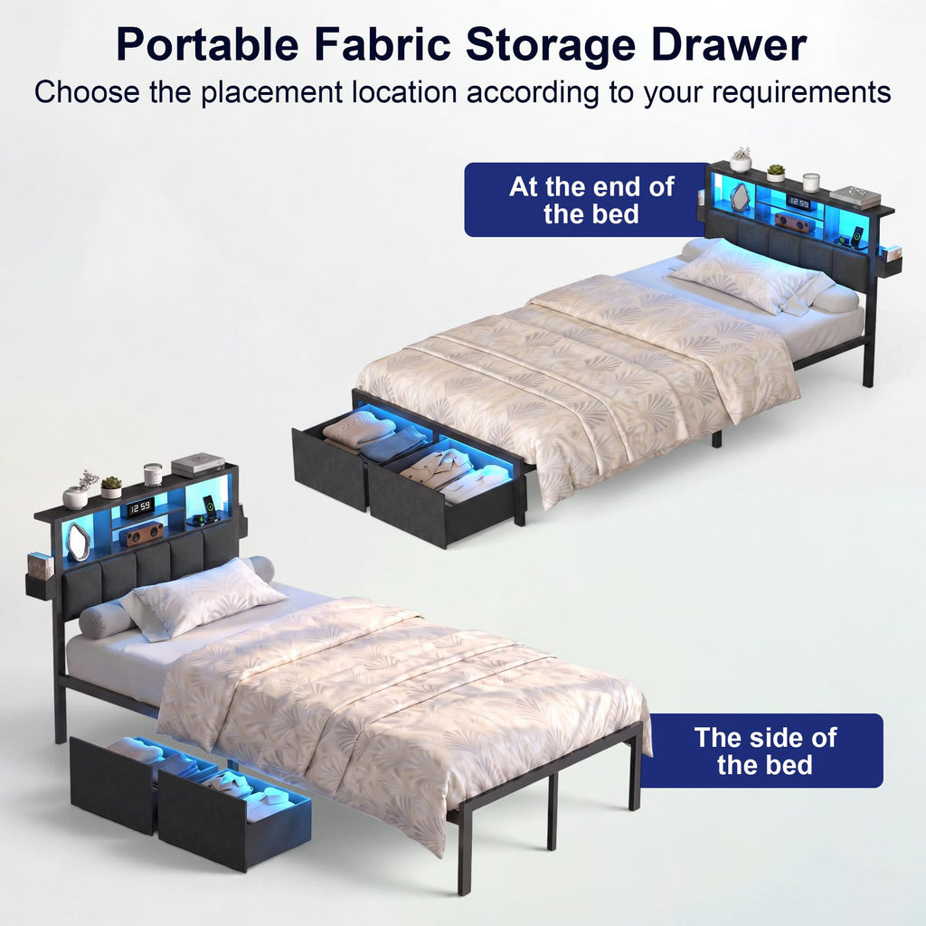 Twin Bed Frame with LED Lights, Storage Drawers and Charging Station S5178