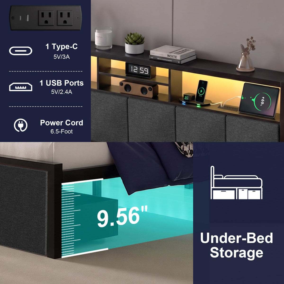 Twin Bed Frame with LED Lights, Storage Drawers and Charging Station S5178