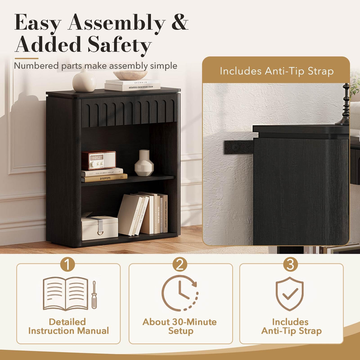 Black Wood Grain Console Table and 3 Tier Bookshelf Set B6128
